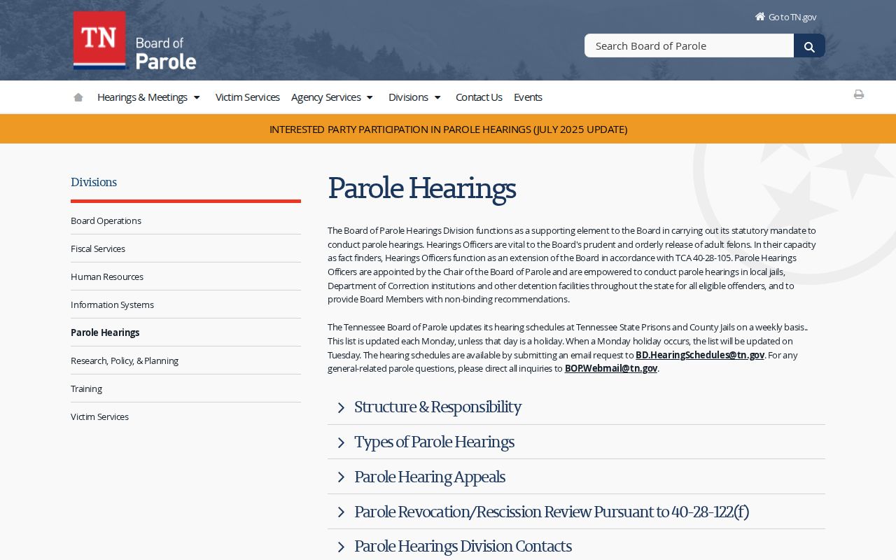 Tennessee parole hearing process for Monroe County supervision records