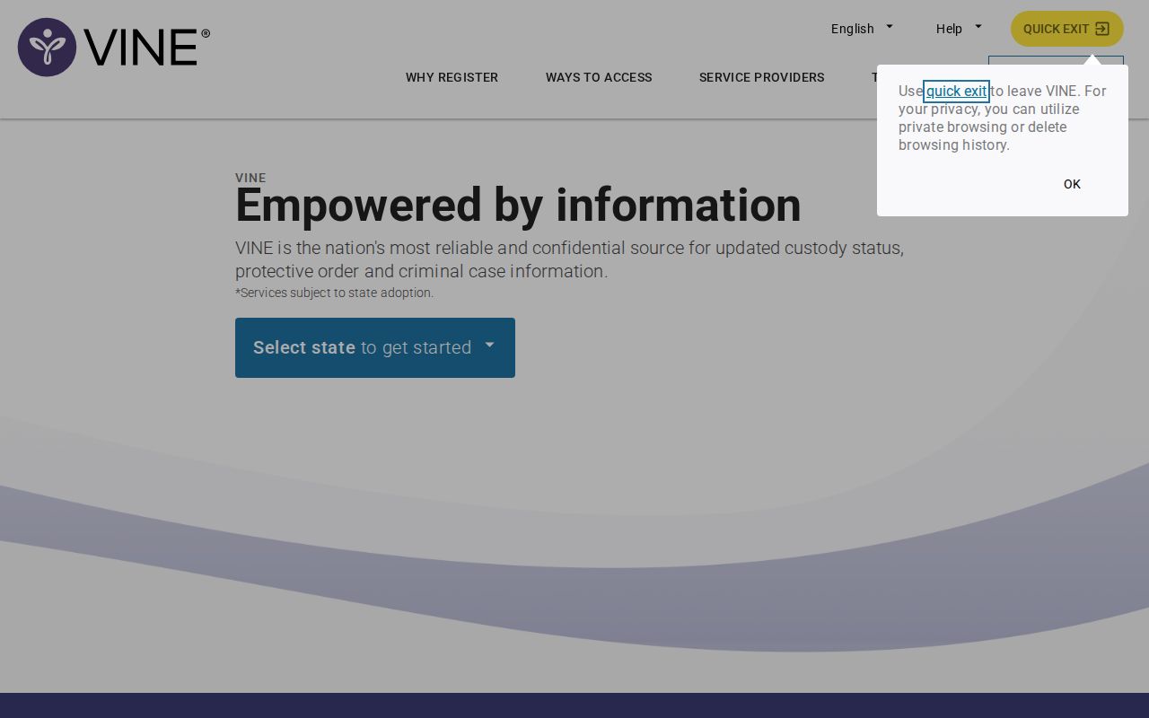 VINELink registration screen for Monroe County release notifications