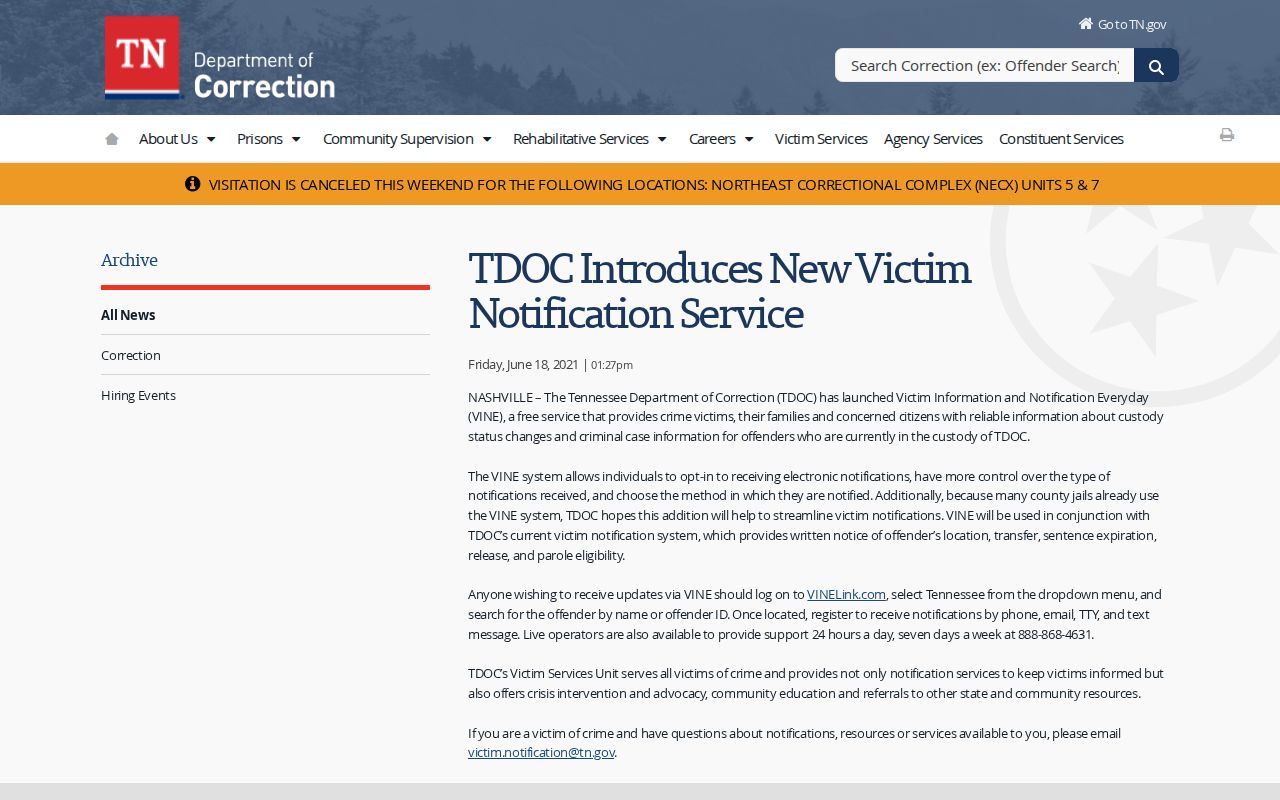 Tennessee VINE coverage for Monroe County inmate release notifications
